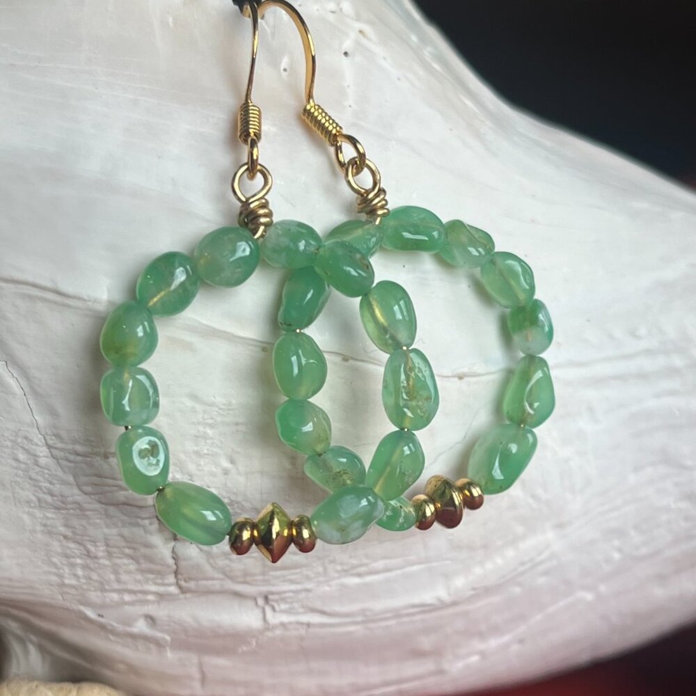 Gemstone Beaded Hoop Earrings | Chrysoprase Green Dangle Earrings - Picture 3 of 7